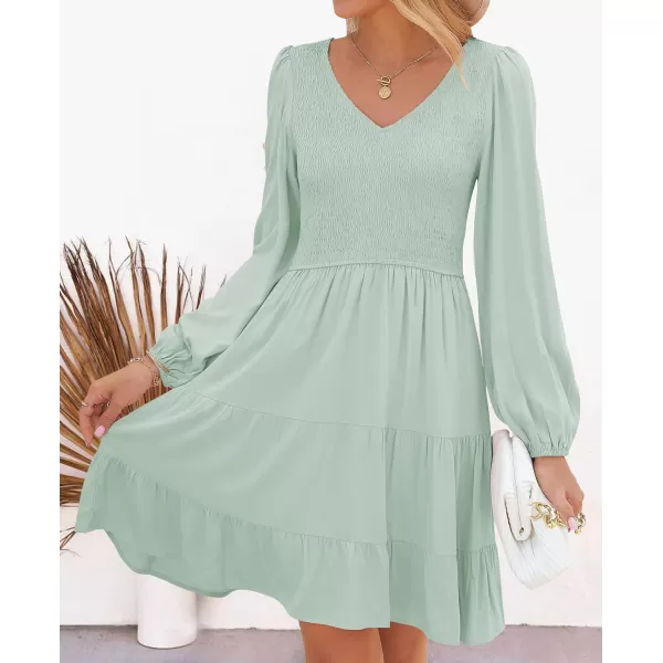 imageZESICA Womens Casual V Neck Long Sleeve Smocked High Waist Ruffle A Line Tiered Mini DressLightgreen