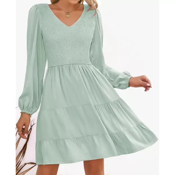 imageZESICA Womens Casual V Neck Long Sleeve Smocked High Waist Ruffle A Line Tiered Mini DressLightgreen