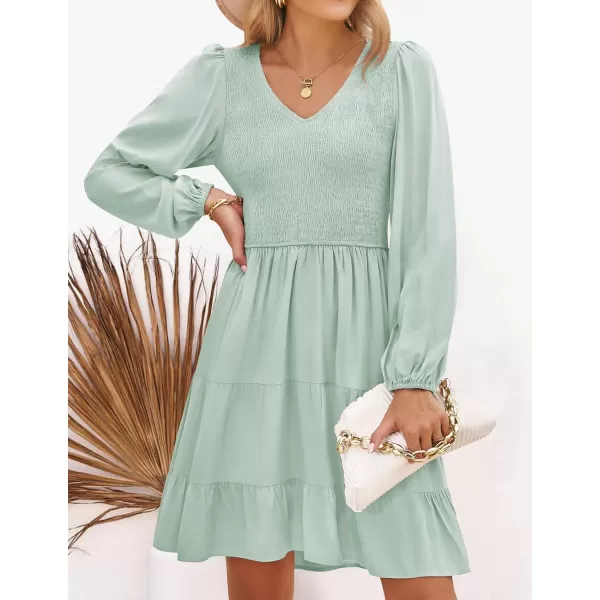 imageZESICA Womens Casual V Neck Long Sleeve Smocked High Waist Ruffle A Line Tiered Mini DressLightgreen
