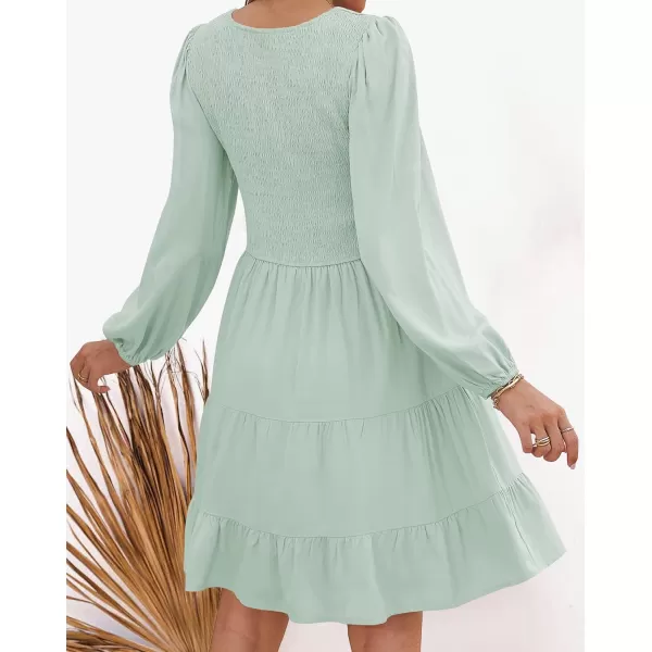 imageZESICA Womens Casual V Neck Long Sleeve Smocked High Waist Ruffle A Line Tiered Mini DressLightgreen