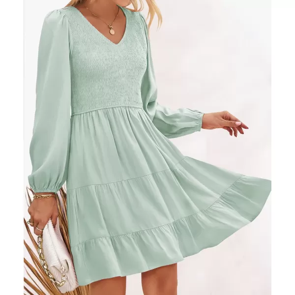 imageZESICA Womens Casual V Neck Long Sleeve Smocked High Waist Ruffle A Line Tiered Mini DressLightgreen