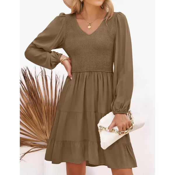 imageZESICA Womens Casual V Neck Long Sleeve Smocked High Waist Ruffle A Line Tiered Mini DressMocha