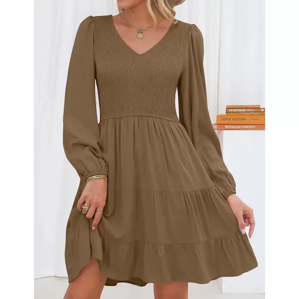 imageZESICA Womens Casual V Neck Long Sleeve Smocked High Waist Ruffle A Line Tiered Mini DressMocha