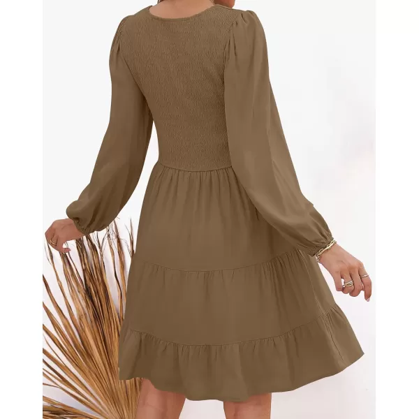 imageZESICA Womens Casual V Neck Long Sleeve Smocked High Waist Ruffle A Line Tiered Mini DressMocha