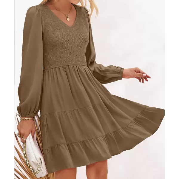 imageZESICA Womens Casual V Neck Long Sleeve Smocked High Waist Ruffle A Line Tiered Mini DressMocha