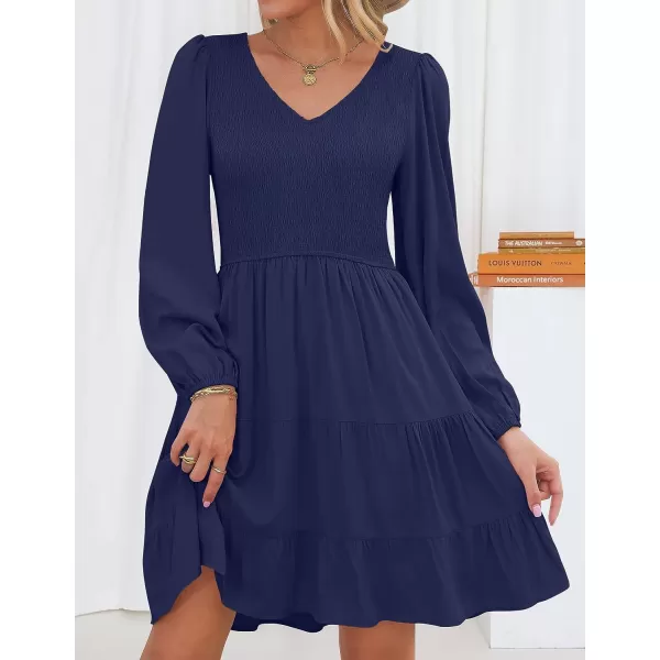 imageZESICA Womens Casual V Neck Long Sleeve Smocked High Waist Ruffle A Line Tiered Mini DressNavy