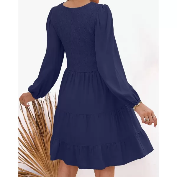 imageZESICA Womens Casual V Neck Long Sleeve Smocked High Waist Ruffle A Line Tiered Mini DressNavy