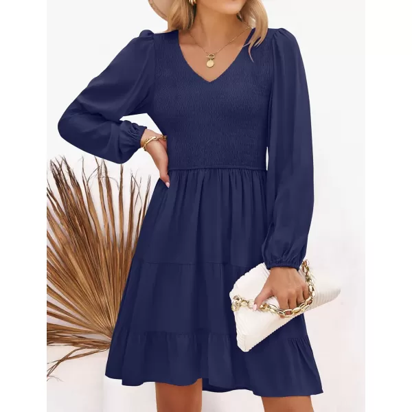 imageZESICA Womens Casual V Neck Long Sleeve Smocked High Waist Ruffle A Line Tiered Mini DressNavy