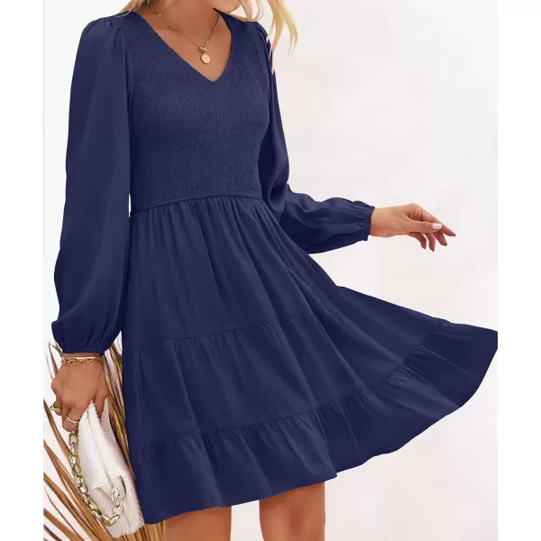 imageZESICA Womens Casual V Neck Long Sleeve Smocked High Waist Ruffle A Line Tiered Mini DressNavy