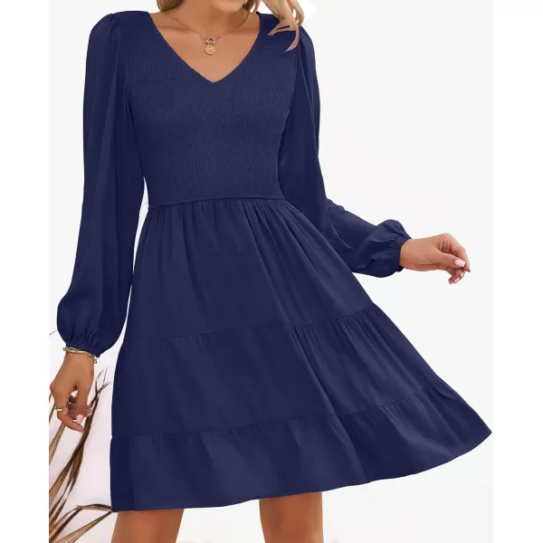 imageZESICA Womens Casual V Neck Long Sleeve Smocked High Waist Ruffle A Line Tiered Mini DressNavy