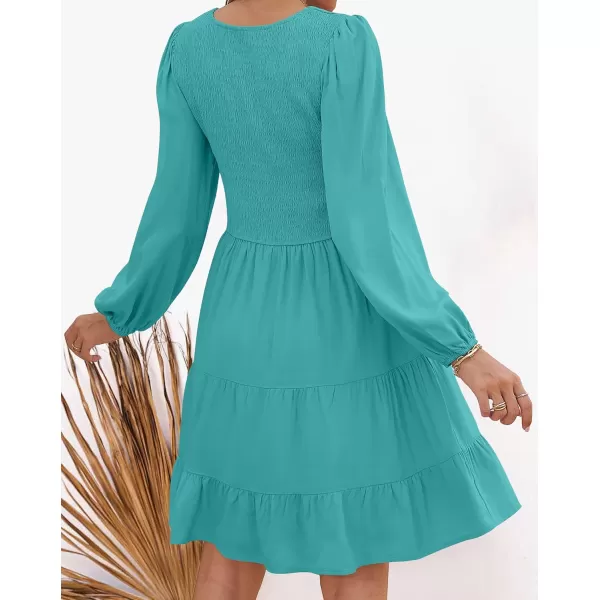 imageZESICA Womens Casual V Neck Long Sleeve Smocked High Waist Ruffle A Line Tiered Mini DressPeacock