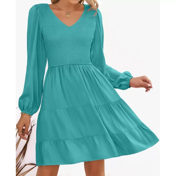 imageZESICA Womens Casual V Neck Long Sleeve Smocked High Waist Ruffle A Line Tiered Mini DressPeacock