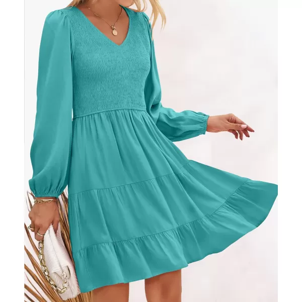 imageZESICA Womens Casual V Neck Long Sleeve Smocked High Waist Ruffle A Line Tiered Mini DressPeacock