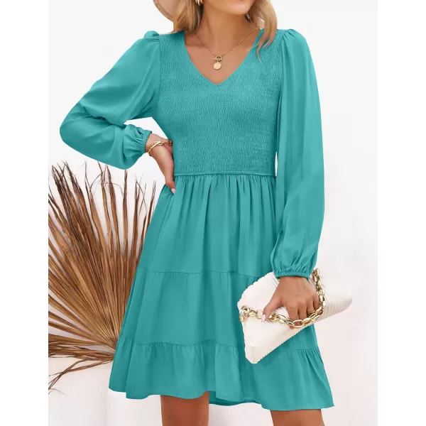 imageZESICA Womens Casual V Neck Long Sleeve Smocked High Waist Ruffle A Line Tiered Mini DressPeacock