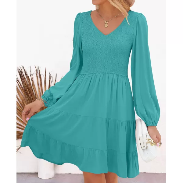 imageZESICA Womens Casual V Neck Long Sleeve Smocked High Waist Ruffle A Line Tiered Mini DressPeacock
