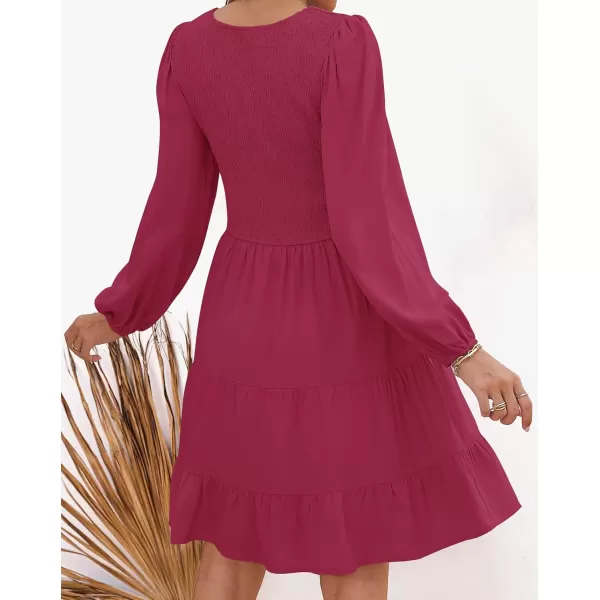 imageZESICA Womens Casual V Neck Long Sleeve Smocked High Waist Ruffle A Line Tiered Mini DressPlum