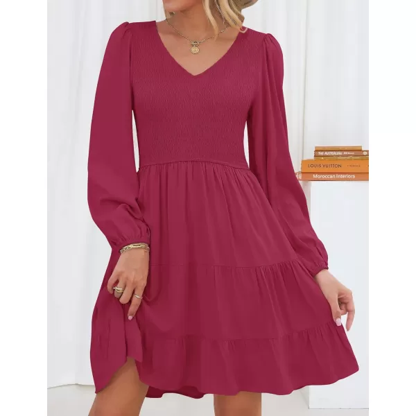 imageZESICA Womens Casual V Neck Long Sleeve Smocked High Waist Ruffle A Line Tiered Mini DressPlum