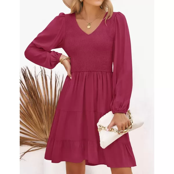imageZESICA Womens Casual V Neck Long Sleeve Smocked High Waist Ruffle A Line Tiered Mini DressPlum