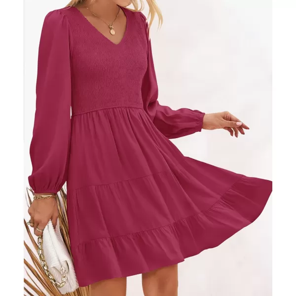 imageZESICA Womens Casual V Neck Long Sleeve Smocked High Waist Ruffle A Line Tiered Mini DressPlum