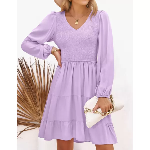 imageZESICA Womens Casual V Neck Long Sleeve Smocked High Waist Ruffle A Line Tiered Mini DressPurple