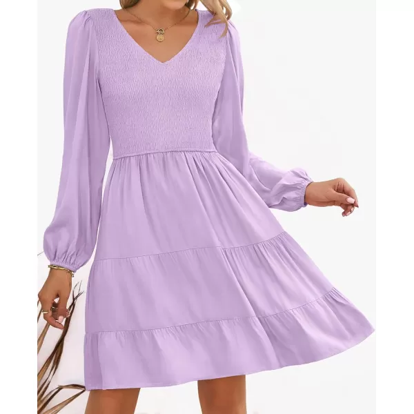 imageZESICA Womens Casual V Neck Long Sleeve Smocked High Waist Ruffle A Line Tiered Mini DressPurple