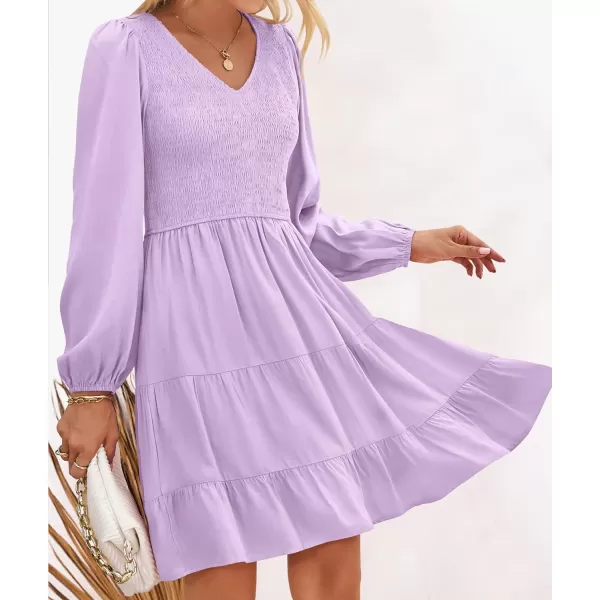 imageZESICA Womens Casual V Neck Long Sleeve Smocked High Waist Ruffle A Line Tiered Mini DressPurple