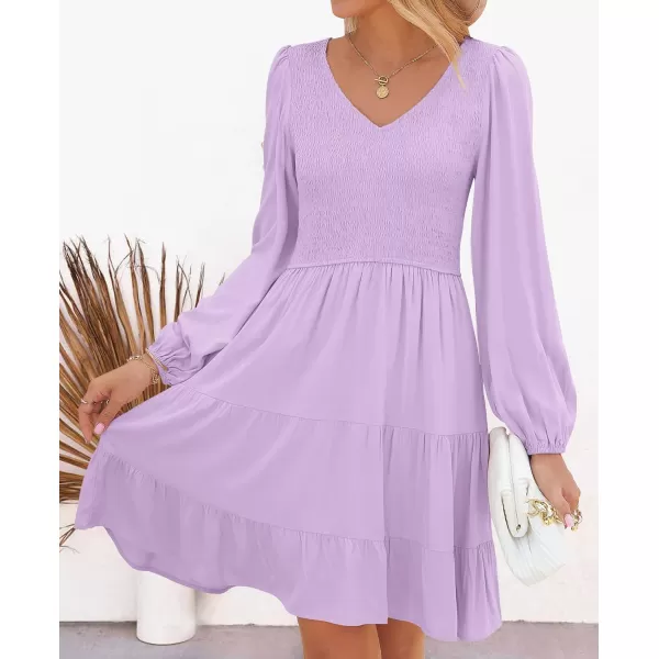 imageZESICA Womens Casual V Neck Long Sleeve Smocked High Waist Ruffle A Line Tiered Mini DressPurple