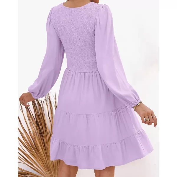 imageZESICA Womens Casual V Neck Long Sleeve Smocked High Waist Ruffle A Line Tiered Mini DressPurple