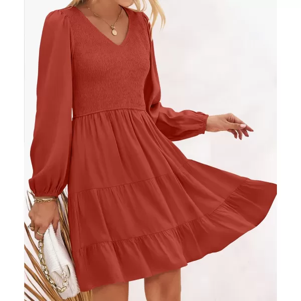 imageZESICA Womens Casual V Neck Long Sleeve Smocked High Waist Ruffle A Line Tiered Mini DressRed