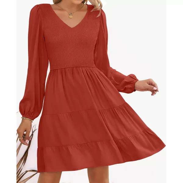 imageZESICA Womens Casual V Neck Long Sleeve Smocked High Waist Ruffle A Line Tiered Mini DressRed