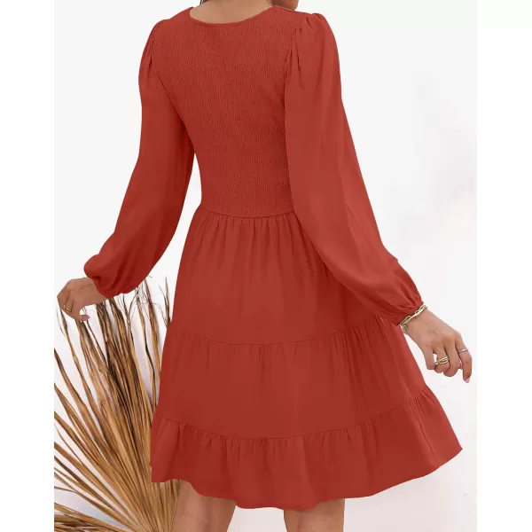 imageZESICA Womens Casual V Neck Long Sleeve Smocked High Waist Ruffle A Line Tiered Mini DressRed