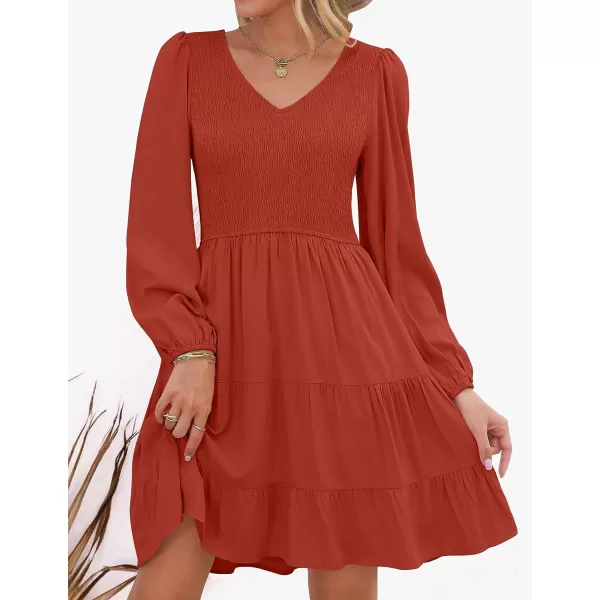 imageZESICA Womens Casual V Neck Long Sleeve Smocked High Waist Ruffle A Line Tiered Mini DressRed