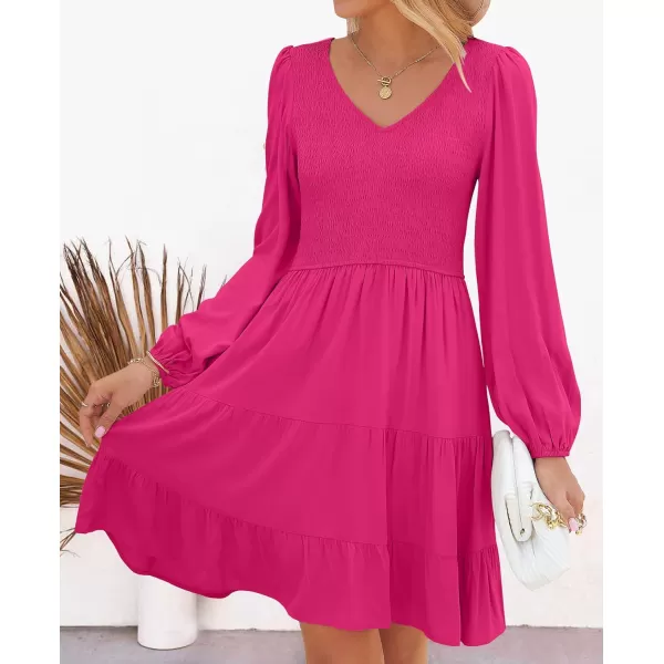 imageZESICA Womens Casual V Neck Long Sleeve Smocked High Waist Ruffle A Line Tiered Mini DressRose