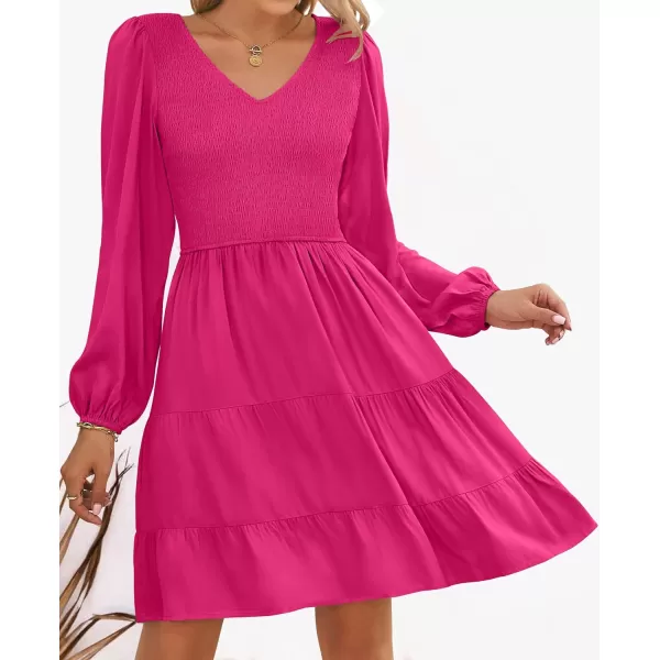 imageZESICA Womens Casual V Neck Long Sleeve Smocked High Waist Ruffle A Line Tiered Mini DressRose