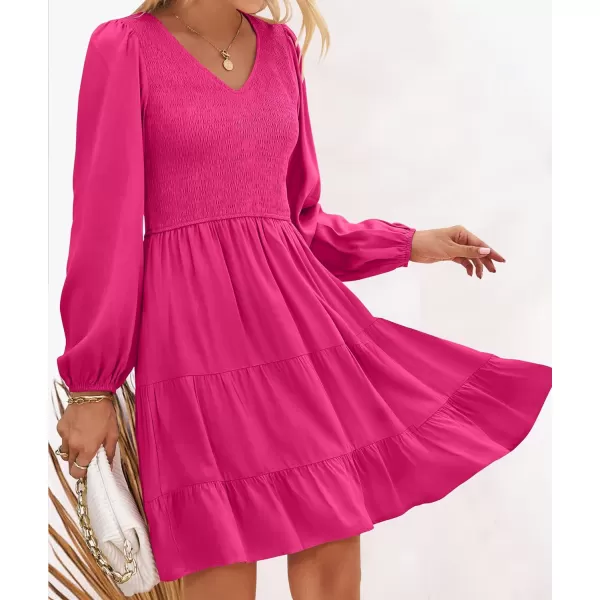 imageZESICA Womens Casual V Neck Long Sleeve Smocked High Waist Ruffle A Line Tiered Mini DressRose
