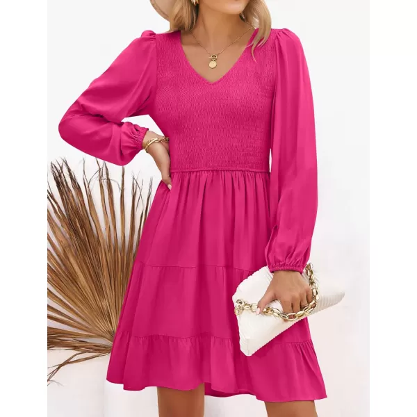 imageZESICA Womens Casual V Neck Long Sleeve Smocked High Waist Ruffle A Line Tiered Mini DressRose