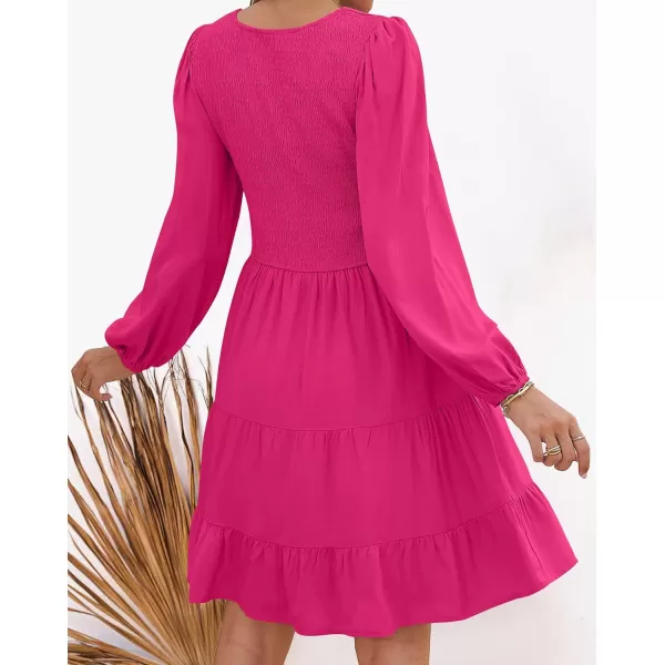 imageZESICA Womens Casual V Neck Long Sleeve Smocked High Waist Ruffle A Line Tiered Mini DressRose