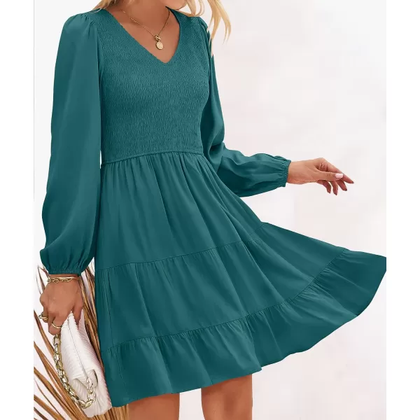 imageZESICA Womens Casual V Neck Long Sleeve Smocked High Waist Ruffle A Line Tiered Mini DressTealgreen