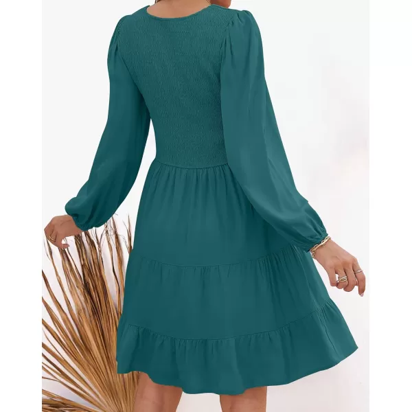 imageZESICA Womens Casual V Neck Long Sleeve Smocked High Waist Ruffle A Line Tiered Mini DressTealgreen