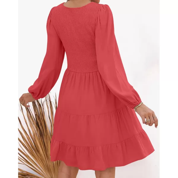 imageZESICA Womens Casual V Neck Long Sleeve Smocked High Waist Ruffle A Line Tiered Mini DressWatermelon