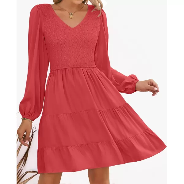 imageZESICA Womens Casual V Neck Long Sleeve Smocked High Waist Ruffle A Line Tiered Mini DressWatermelon