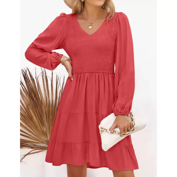 imageZESICA Womens Casual V Neck Long Sleeve Smocked High Waist Ruffle A Line Tiered Mini DressWatermelon