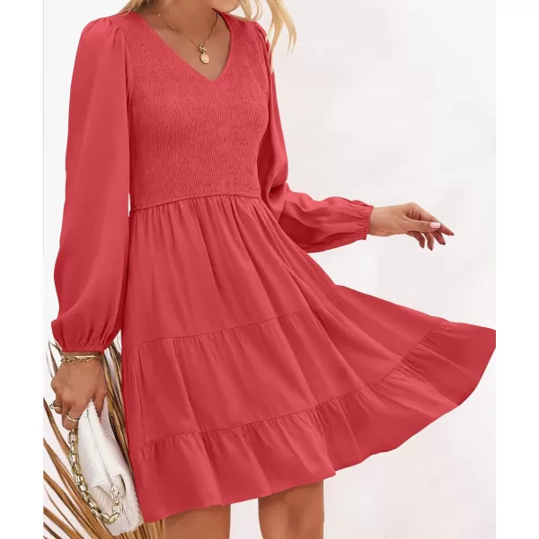 imageZESICA Womens Casual V Neck Long Sleeve Smocked High Waist Ruffle A Line Tiered Mini DressWatermelon
