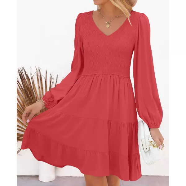 imageZESICA Womens Casual V Neck Long Sleeve Smocked High Waist Ruffle A Line Tiered Mini DressWatermelon