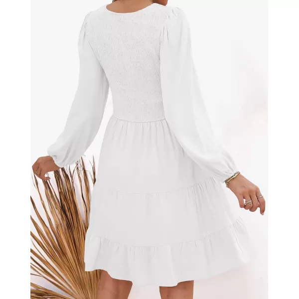 imageZESICA Womens Casual V Neck Long Sleeve Smocked High Waist Ruffle A Line Tiered Mini DressWhite