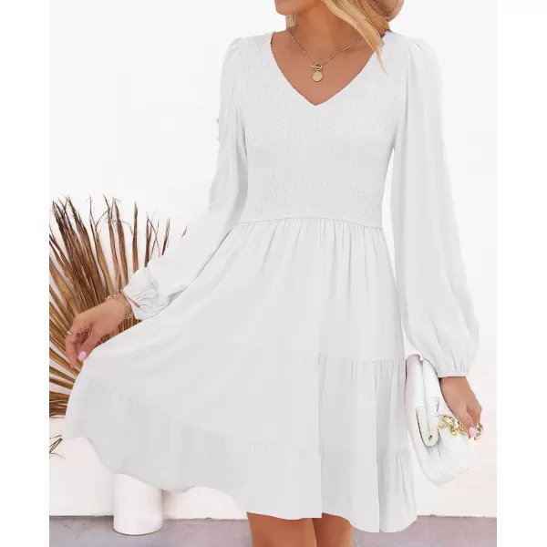 imageZESICA Womens Casual V Neck Long Sleeve Smocked High Waist Ruffle A Line Tiered Mini DressWhite