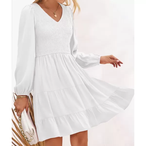 imageZESICA Womens Casual V Neck Long Sleeve Smocked High Waist Ruffle A Line Tiered Mini DressWhite