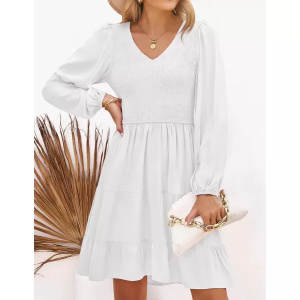 imageZESICA Womens Casual V Neck Long Sleeve Smocked High Waist Ruffle A Line Tiered Mini DressWhite