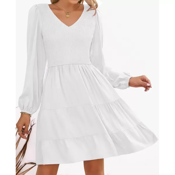 imageZESICA Womens Casual V Neck Long Sleeve Smocked High Waist Ruffle A Line Tiered Mini DressWhite
