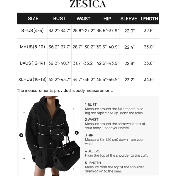 imageZESICA Womens Casual V Neck Sweater Dress Oversized Long Sleeve Zip Up Ribbed Knit Loose Pullover Tunic DressesBlack